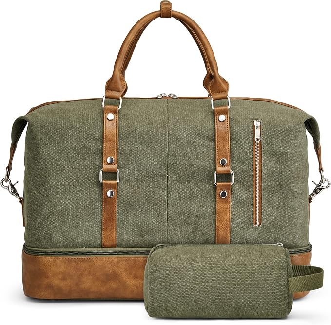 S-ZONE Weekender Bag for Men Canvas Duffle Overnight Travel Bag Army Green | Anti-wrinkle Canvas,Adjustable Shoulder Strap,1 Main Large Compartment and 7 Pockets,with Shoe Compartment by S-ZONE