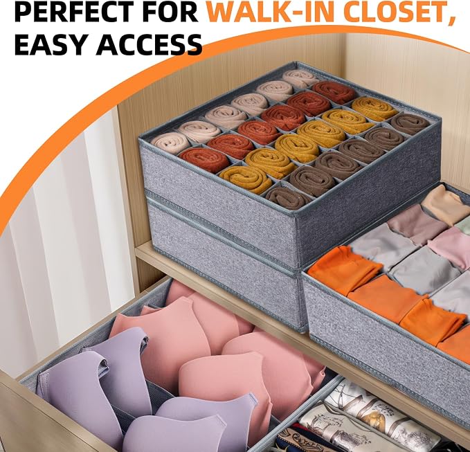 6 Pack Large Drawer Organizer for Sock Underwear - Washable Heavy Duty Fabric Closet Organizers and Storage Bins - 90 Cells Dresser Organizer Divider for Baby Clothes, Ties, Belt (Grey) - Image 6