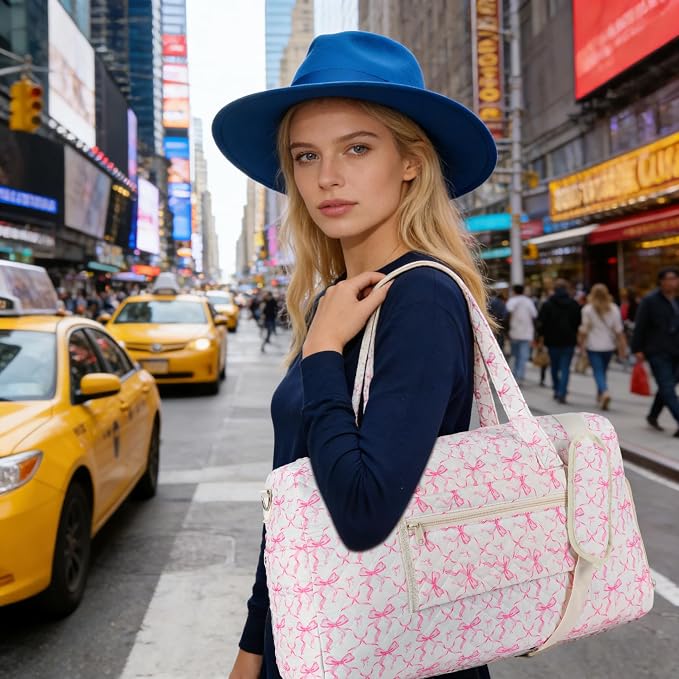 Quilted Pink Bow Duffel Bag 2 Pack Weekender with Shoe Compartment | Pink Bow Quilted Travel Duffel for Women, Carry On Overnight Bag with Toiletry Pouch, Hospital Bag for Labor Delivery & Gym - Image 6