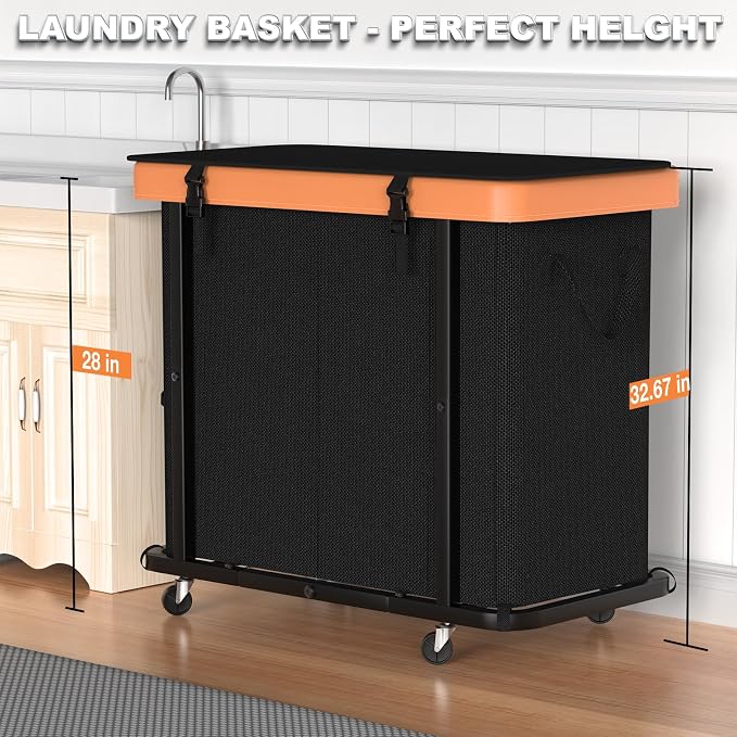 Laundry Basket with Wheels, 230L Leather Patchwork Laundry Sorter 3 Section | Sturdy Metal Frame, Removable Washable Bag, Tall Clothes Sorter for Bedroom - Black - Image 5