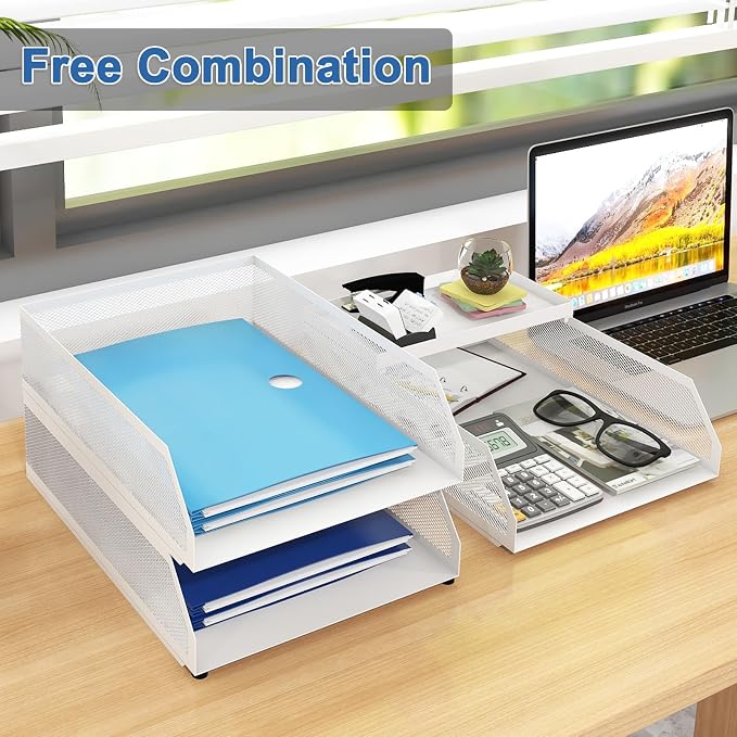 Natwind 3-Tier Stackable Metal Mesh Desk Paper Tray Organizer, White | Desktop Accessories for Office Supplies, Letter Tray For Paper Storage ,File Document Holder For Home School Classroom - Image 4