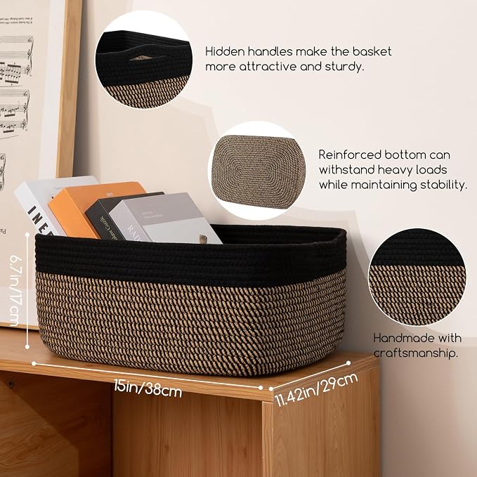 OIASKET Storage Baskets for Organizing 3 Pack, Woven Baskets for Shelves, | Closet Organizer Bins with Handle, Empty Gift Basket, Toy Storage for Toys, Blankets, Towels, Clothes, Books, 15"x11.42"x6.7" - Image 2