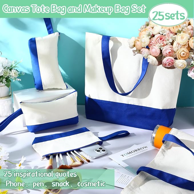 Sanwuta 50 Pcs Canvas Tote Bags Bulk with Zipper Cosmetic Pouch,Blue | 18.5" Reusable Cotton Shopping Bag with Handle for DIY Craft - Image 5