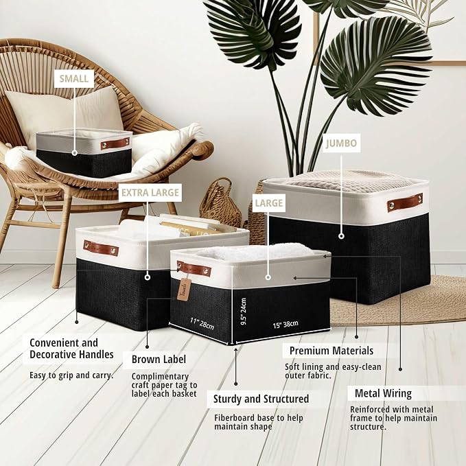 DECOMOMO Storage Bins, Extra Large Fabric Storage Baskets for Shelves 3Pack | 15.8 x 12.5 x 10 inches Decorative Linen Closet Organizers (Black & White) - Image 5