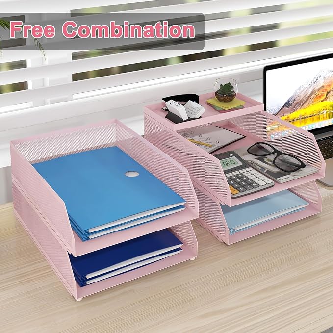 Natwind 4-Tier Stackable Metal Mesh Desk Paper Tray Organizer,Pink | Desktop Accessories for Office Supplies, Letter Tray For Paper Storage ,File Document Holder For Home School Classroom - Image 4