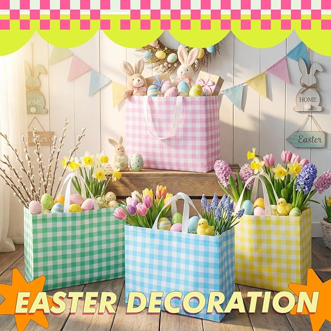 Colarr 24 Pcs Extra Large Easter Tote Bags Bulk with Handle Spring Gift Bag Non Woven Buffalo Plaid Waterproof Reusable Bag for Spring Holiday Wedding Party Supplies,16.5'' x 13 "x 7'' - Image 6