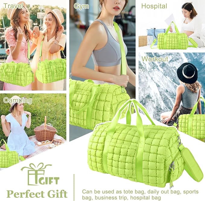 Quilted Travel Duffle Bag Gym Bag for Women,Large Puffer Duffle Weekender Bag with Compartment,Workout Overnight Carry on Organizer Bag Duffle Bag for Airplane Travel(L-Green) - Image 8