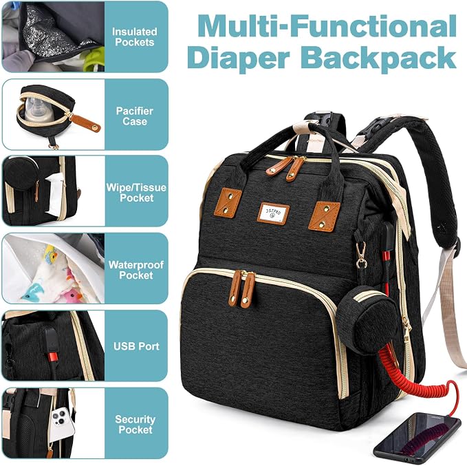 JSTPRO Diaper Bag Backpack with Changing Station, 25L Capacity, Black - Image 6