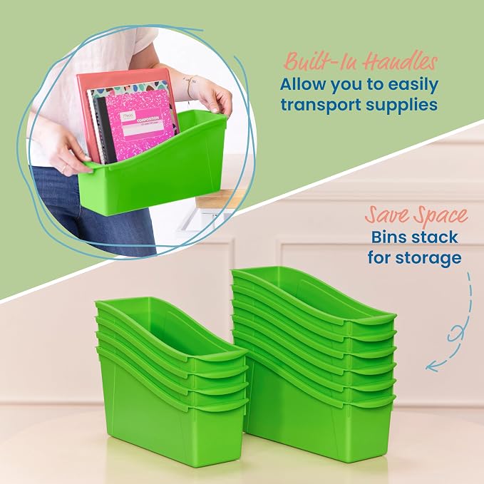 ECR4Kids Linking Plastic Storage Book Bin, Multipurpose Organization, Neon Green, 10-Piece | Durable plastic with built-in handles, interlocking, nestable, ideal for books, magazines, and files in a classroom or office - Image 4