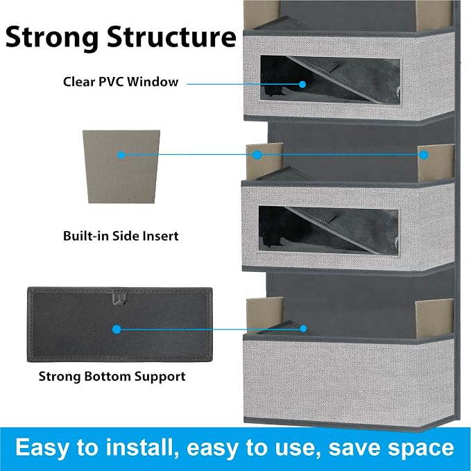 2 Pack Over the Door Hanging Organizer with 5 Large Pocket and Clear Window, Sturdy Over the Door Storage Organizer for Closet, Pantry, Bathroom,Bedroom, Nursery, Dorm (Grey) - Image 3