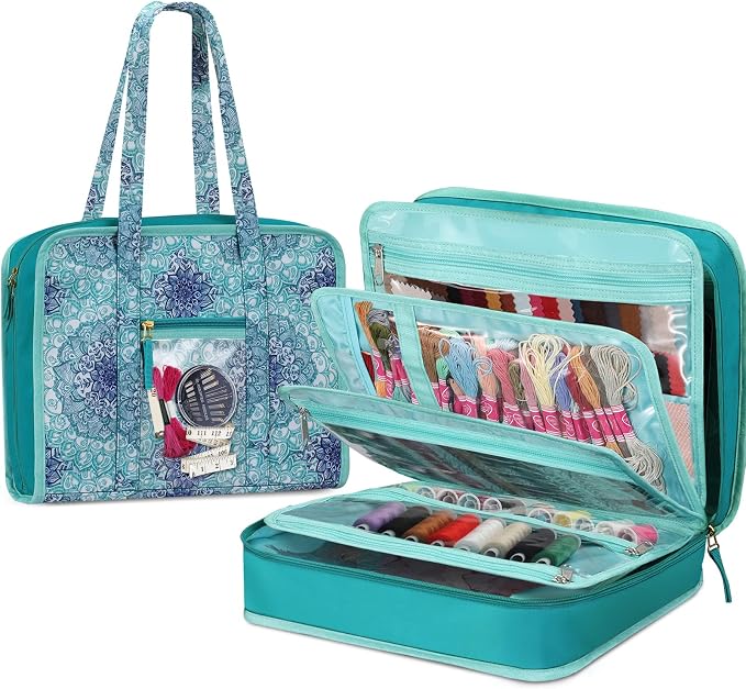 FINPAC Sewing and Craft Supplies Storage Tote Bag with Clear Pockets | Large Art Organizer Caddy Travel Packing Shoulder Bag for Knitting, Sewing Accessories, Emerald Illusions by FINPAC