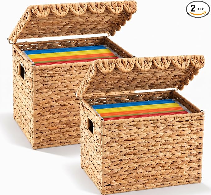 Jingmore 2 Pack Water Hyacinth File Storage Box with Scalloped Lid Collapsible Letter Size Hanging Filing Organizer Basket for Home, Woven Decorative Document Storage Box by Jingmore