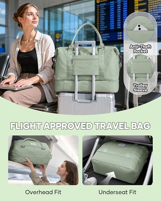 Travel Duffel Weekender Bag Women Tote Carry On Bags With Shoe Compartment | 18x14x8 inches Travel Overnight Bags with Trolley Sleeve for Airplanes Waterproof Sport Tote Gym with Toiletry Bag Beigegreen - Image 2