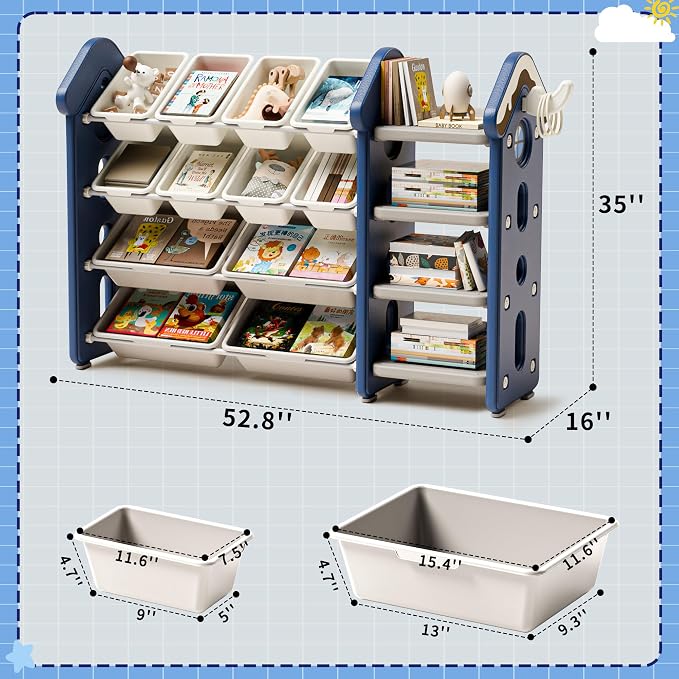Pipleo Kids Toy Storage Organizer with 12 Removable Bins, Toy Organizers and Storage with 4-Tier Bookshelf for Kids Toy Storage Organizer (Blue) - Image 2