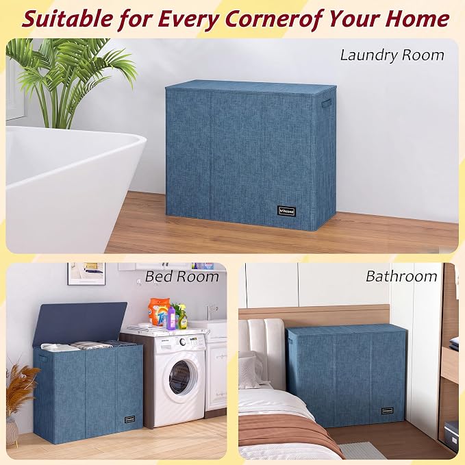 195L Laundry Hamper 3 Section,Large Laundry Hamper with Lid,Dirty Clothes Hamper with 3 Inner Bags,Collapsible Laundry Basket Organizer for Laundry Room,Bedroom,Laundry Sorter Hamper 3 Compartment - Image 7