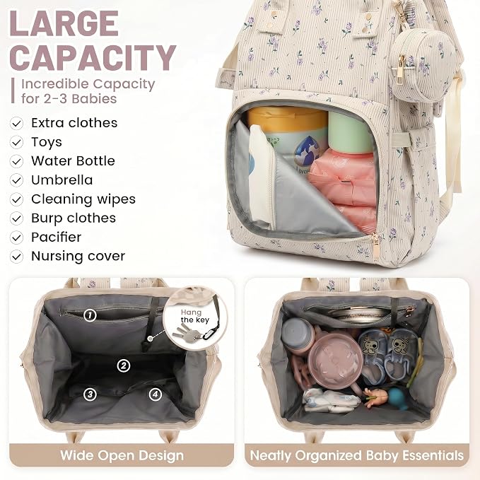 Baby Diaper Bag Backpacks for Mom Dad, Corduroy Large Capacity Multifunction Nappy Bag with Pacifier Case, Baby Travel Essentials Diaper Backpack for Boys Girls - Flowers Purple - Image 3