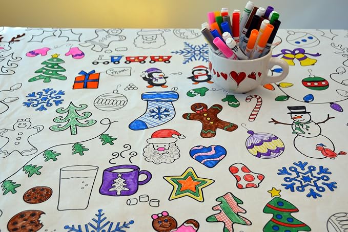 Holiday Design – XL Rectangle Tablecloth 60”X102” – Interactive Coloring Tablecloth for Kids – Poly/Cotton Fabric - Washable and Reusable – DIY Coloring Activity for Children and Adults - Image 8