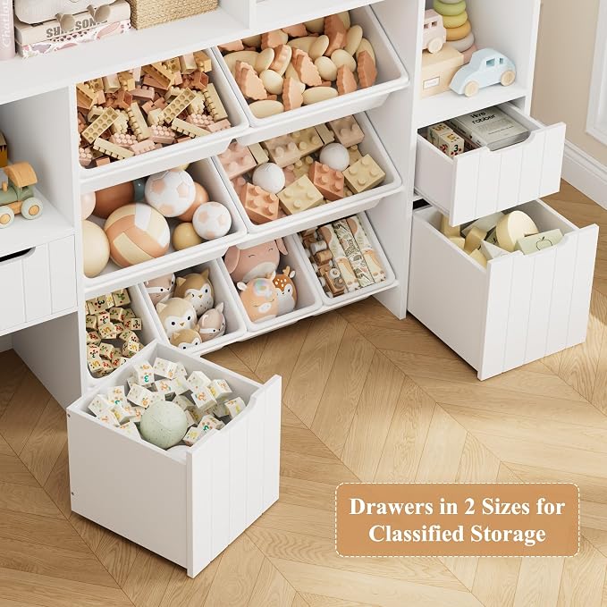 HORSTORS 55" W Toy Storage Organizer, Large Kids Bookshelf, Toy Box, White | 8 Plastic Storage Bins / 2 Removable Toy Storage Boxes / Open Shelves, Kids Bookcase with Drawers for Playroom, Kids Room - Image 5