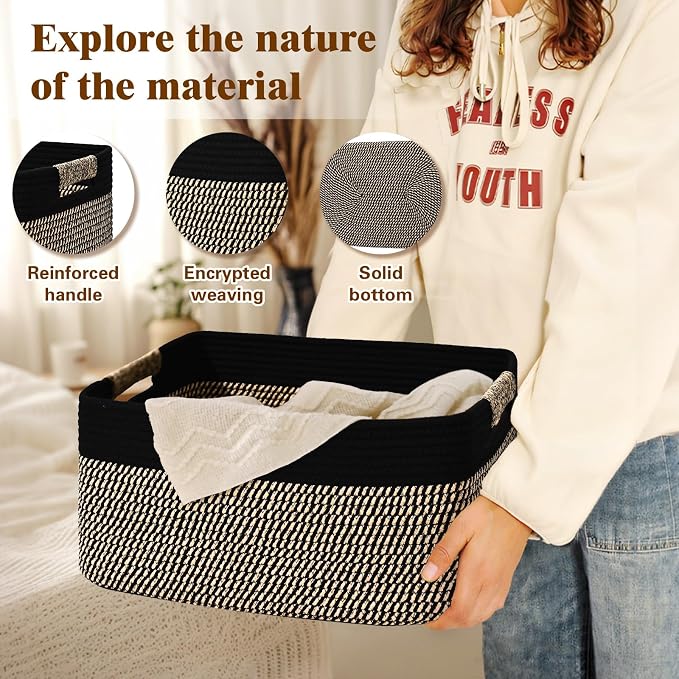 4 Pack Large Storage Basket for Organizing, 17.5"x13"x7" Woven Basket for Shelves, Closet Cube Storage Bins with Wrapped Handle, Cotton Rope Baskets for Kitchen, Clothes, Toys(Black & Brown) - Image 3