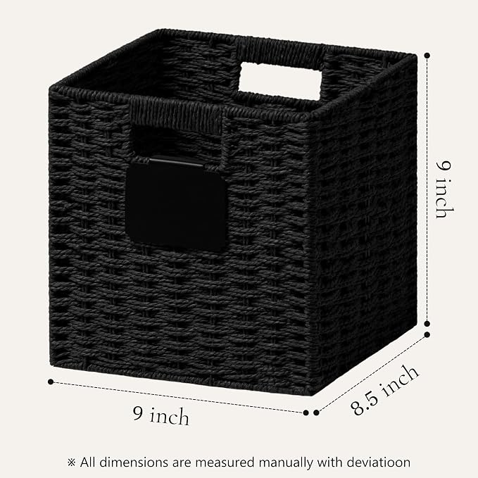 UBBCARE 4 Pack Small Wicker Basket, 9×9 Storage Cubes with Label, Foldable Cube Storage Bin with Handle, Square Storage Basket for Shelves, Woven Paper Rope Basket for Organizing, Black - Image 2
