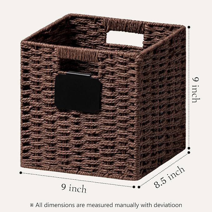 UBBCARE 4 Pack Small Wicker Basket, 9×9 Storage Cubes with Label, Foldable Cube Storage Bin with Handle, Square Storage Basket for Shelves, Woven Paper Rope Basket for Organizing, Dark Brown - Image 2