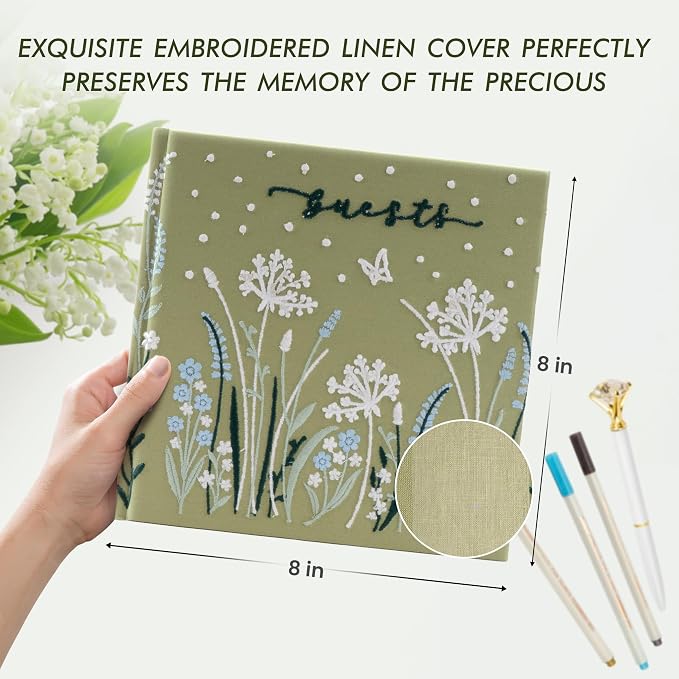 Embroidered Wedding Guest Book—The Perfect Polaroid Guest Book for Wedding Receptions, Birthdays, Baby Showers, and Special Events with 3 Photo corner stickers+ 3 DIY pens+1 Diamond Pen (green) - Image 2