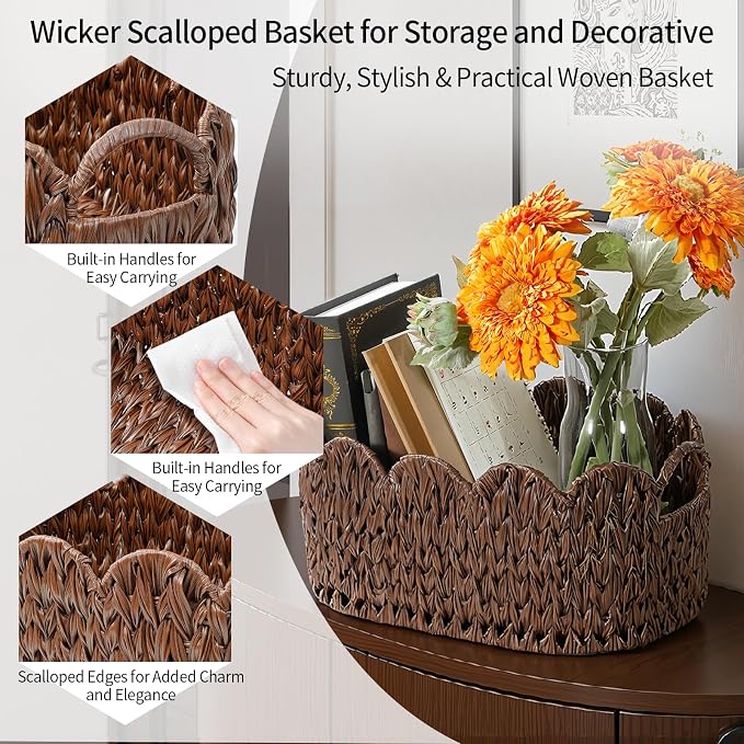 Coeusy Wicker Scalloped Basket Set of 2,Woven Storage Baskets for Shelves,Closet,Laundry,Gift,Towels,Books,Toys,Waterproof Cute Decor Basket for Organizing,Brown - Image 8