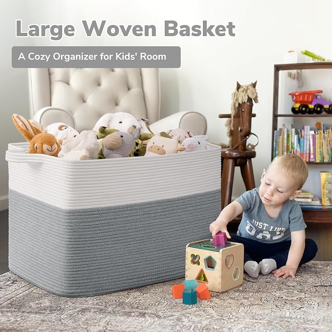 Goodpick 105L Extra Large Woven Blanket Basket Cotton Rope Storage Baskets for Organizing, Rectangle Baby Laundry Basket for Living Room Home Decor, 25"x16"x16", White & Gray - Image 2