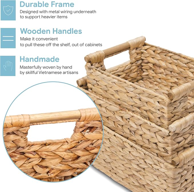 VATIMA Hyacinth Wicker Basket Set 3 size - Rectangular, Wooden Handles, Shelf Organizer, Natural Bins - Image 2