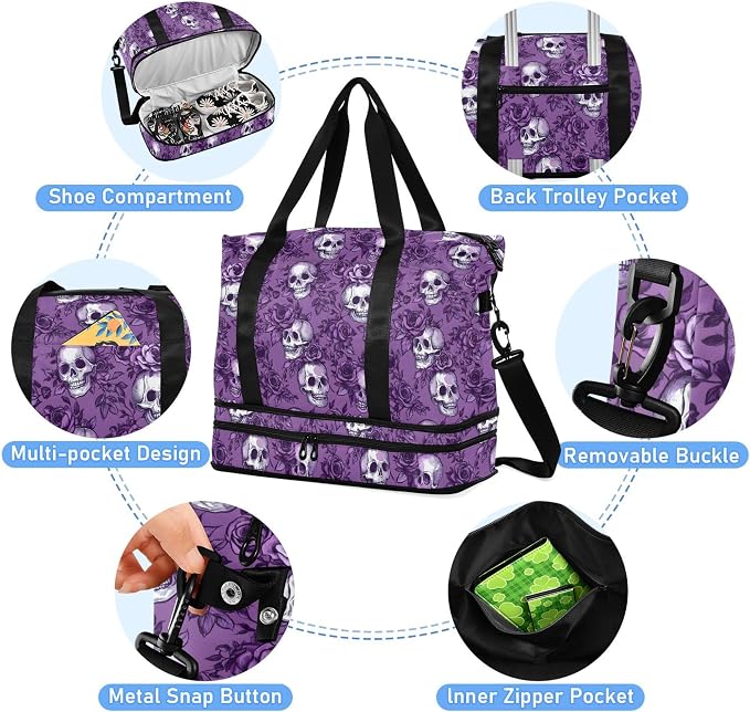 Travel Duffel Tote Bag Purple Rose Skull Sports Duffel Bag with Wet Pocket Weekender Overnight Bag for Women Men Gym Bag, Carry On Bag Hospital Bag for Labor and Delivery - Image 2