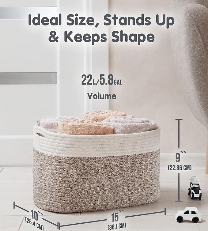 CHAT BLANC Cotton Rope Baskets for Organizing | Storage Baskets for Shelves | Rope Basket for Storage, Small Laundry Baskets, Woven Baskets for Storage, Dog Toy Bin, Baby Basket,Off White&Brown 3 Pack - Image 2