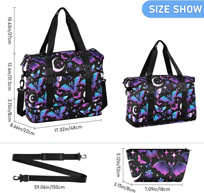 Travel Duffel Tote Bag Neon Purple and Bats Stars and Moons Sports Duffel Bag with Wet Pocket Weekender Overnight Bag for Women Men Gym Bag, Carry On Bag Hospital Bag for Labor and Delivery - Image 6