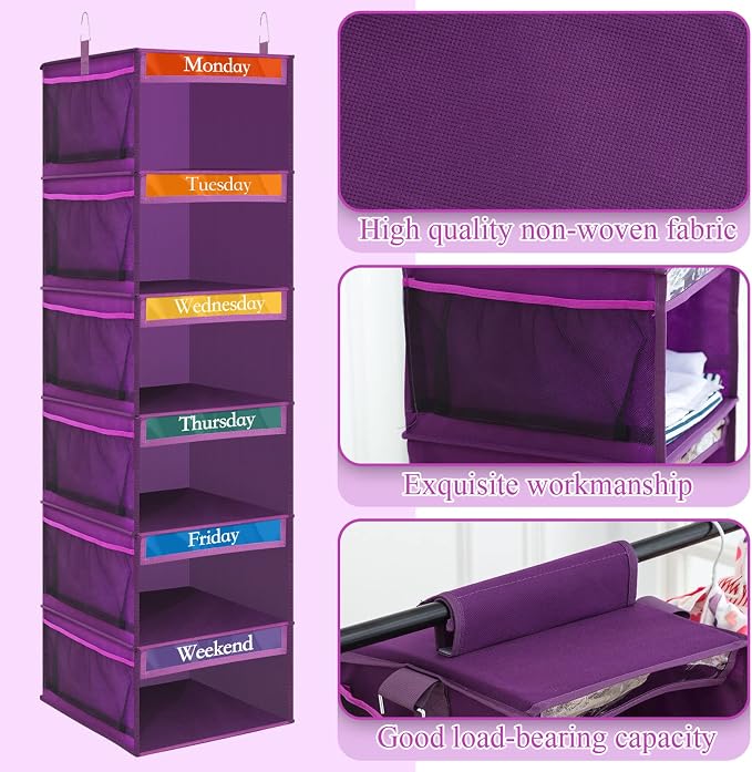 2 Pcs 6 Shelf Hanging Weekly Clothes Organizer for Kid,Purple | Closet Organization, Hanging Closet Shelves with Side Pockets, Labeled Shelves with Days of The Week Monday Through Weekend - Image 3
