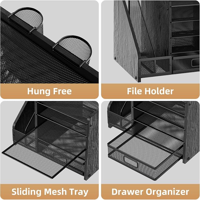 Marbrasse Desk Organizer with File Holder, 5-Tier Paper Letter Tray Organizer with Drawer and 2 Pen Holder, Mesh Desktop Organizer and Storage with Magazine Holder for Office Supplies (Wood-Black) - Image 4