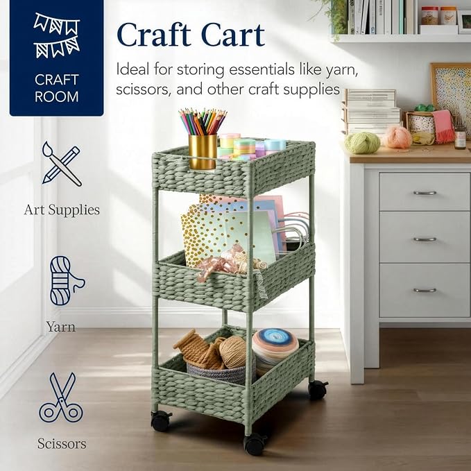 Best Choice Products 3-Tier Water Hyacinth Rolling Nursery Caddy w/Wheels, Utility Cart, Storage Organization for Bathroom, Craft Room, Laundry Room - Sage - Image 7