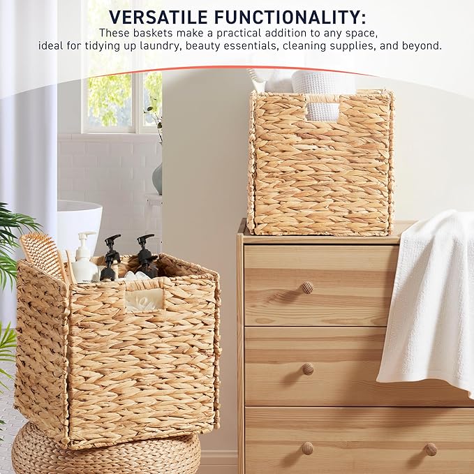 Ornavo Home 13x13 Water Hyacinth Storage Baskets Set of 6, Natural | Handwoven Collapsible Wicker Cube Bins with Handles; Ideal for Bathroom, Bedroom, Laundry or Pantry - Image 3