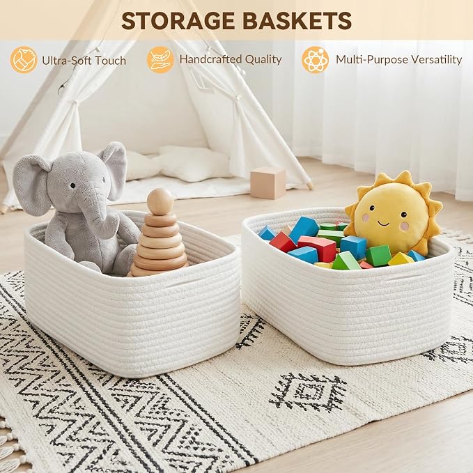 10 Pack Small Woven Baskets for Organizing, 12"x8"x5" White Cotton Rope Storage Bins with Handle, Empty Gift Basket Kit for Baby Shower, Nursery, Shelf, Bathroom & Closet Organizing - Image 2