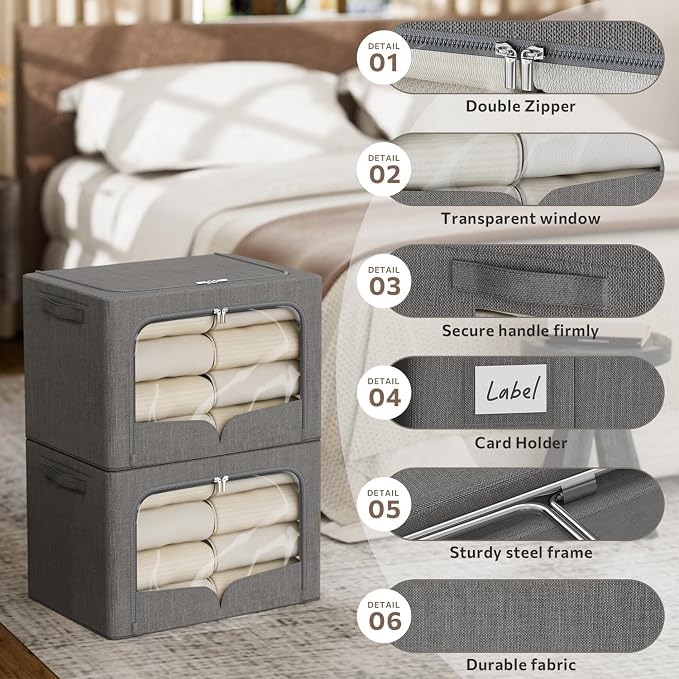 FHSQX 3 Pack Extra Large Clothes Storage Bins Foldable Metal Frame Storage Box Stackable Linen Fabric Organizer Set with Carrying Handles and Clear Window (Dark Gray, 23.6x16.5x15.7inch(100L)) - Image 6