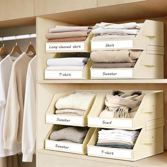 Closet Organizers and Storage - 5 Tier Shelf Organizer with Weekly Labels, Stackable Storage Bins with Metal Frame, Foldable Cube Bins, Home Baskets for Kids and Adults, Beige - Image 2