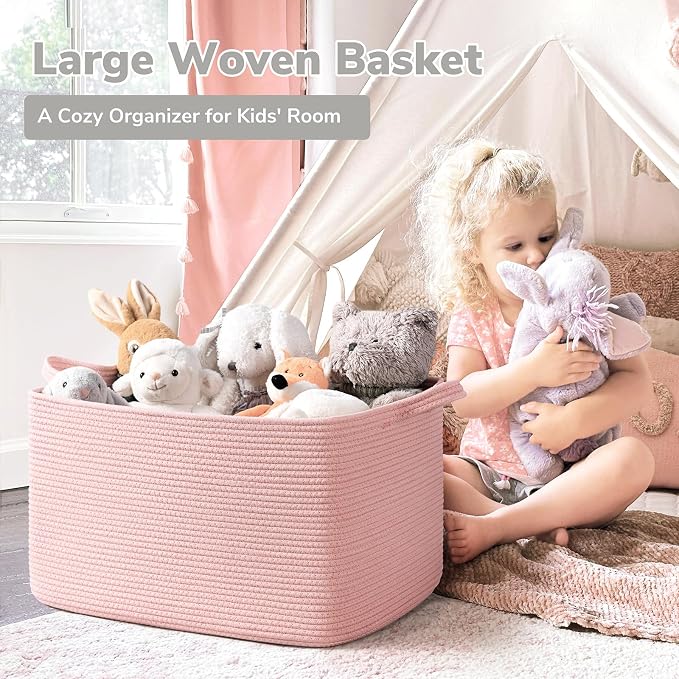 Goodpick Large Woven Rope Blanket Basket, Rectangle, Pink, 75L | 21.6'' x 14.9'' x 11.8'' Storage Basket for Toys & Blankets, Living Room, Bedroom & Nursery Organization, Reinforced Handles - Image 2
