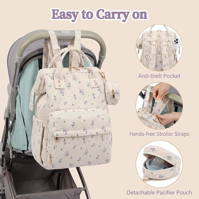 Baby Diaper Bag Backpacks for Mom Dad, Corduroy Large Capacity Multifunction Nappy Bag with Pacifier Case, Baby Travel Essentials Diaper Backpack for Boys Girls - Flowers Purple - Image 7