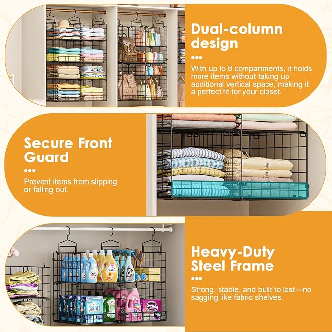 Hanging Closet Organizer with DIY Spacing, Double-Row Closet Hanging Shelves with 4 Adjustable Dividers & 6 Hooks, Heavy Duty Metal Closet Storage Organizer with Front Guard, Split into 2 Units - Image 4