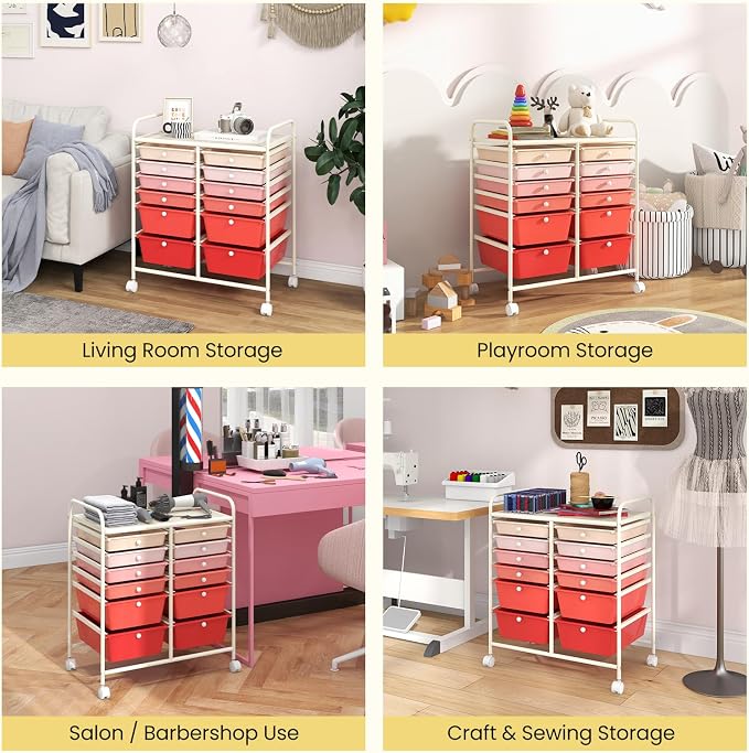 Giantex 12 Drawer Rolling Storage Cart Tools Scrapbook Paper Office School Organizer (Pink Gradient) - Image 5