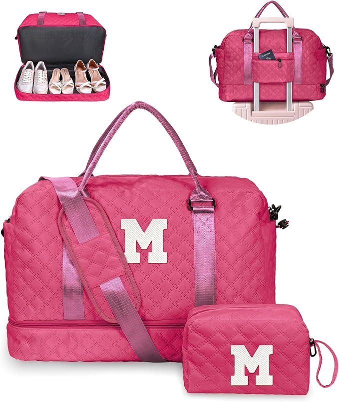 Gifts for Teen Girls 12-14, Birthday Gift-Monogram Overnight Bags | Initial Travel Bag with Shoe Compartment, Personalized Weekender Bags for Women, Letter Travel Bag with Makeup bag (Letter M) by Vogewood