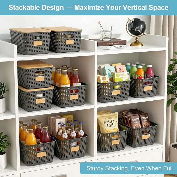 2 Pack Tall Plastic Storage Bins with Bamboo Lids, 10.8qt Stackable Storages Baskets for Organizing Desktop Closet Playroom Classroom Office, 12"L x 8.3"W x 6.1"H, Gray - Image 3