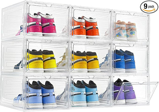 ZLLZUU Stackable Shoe Storage Boxes 9 Pack X-Large Clear Sneaker Organizer | Fits up to Women's Size 13, Easy to Assemble, Clear Visible Magnetic Front Door, Quick Aceess, Durable and Sturdy Plastic by ZLLZUU