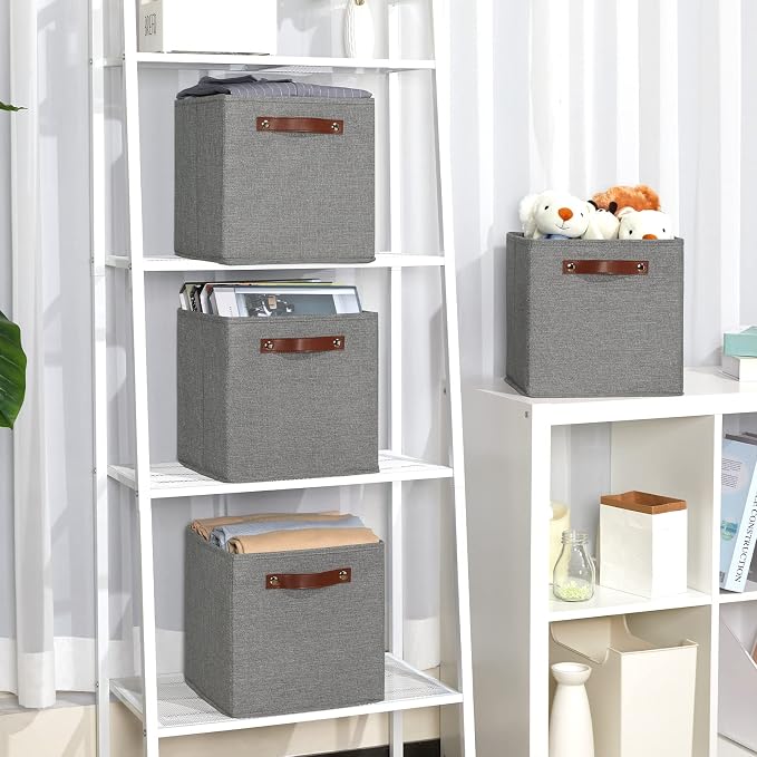 Temary 11 Inch Cube Storage Bins 4PCs Fabric Storage Cubes Storage Baskets Organizer with Handles, Foldable Baskets for Organizing Clothes, Toys, Towels (Grey, 11x11x11) - Image 5