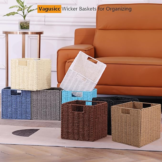 Wicker Storage Basket, Set of 2 Hand-Woven Paper Rope Wicker Baskets, Foldable Cube Storage Bins, Beige Storage Basket, Square Baskets for Organizing Shelves & Decor, Beige(13″×13″×13″) - Image 6