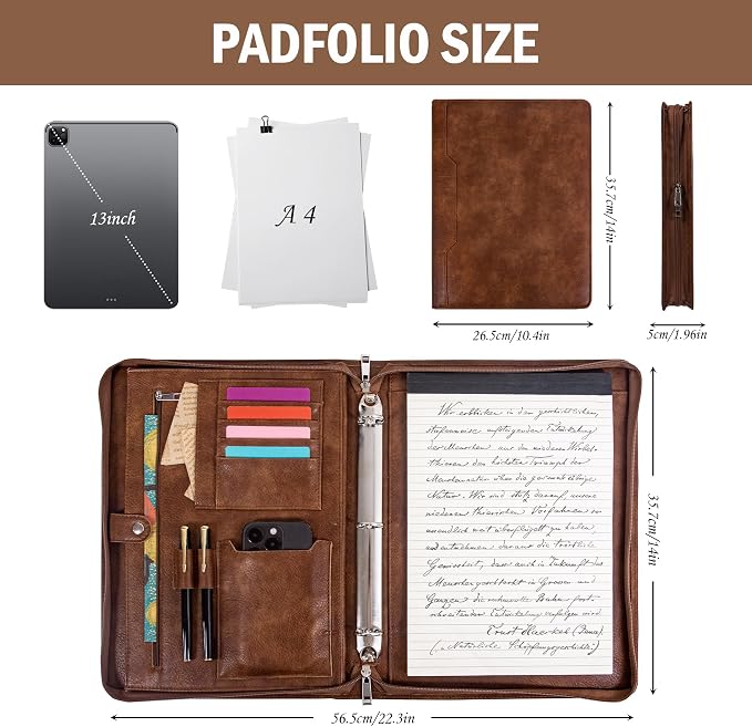 Calfinder 3 Ring Portfolio Binder, Personalized Portfolio for Women,Business Portfolio Organizer,Leather Binder with Zipper for Interview/Resume,Ipad,Tablet, Gift for Women and Men - Image 3