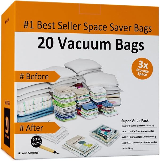 20 Vacuum Sealer Bags – Compression Bags for Travel, Clothes, and Blanket Storage – Airtight Space Saver Pouches in 4 Sizes and Pump by Home-Complete by Home-Complete